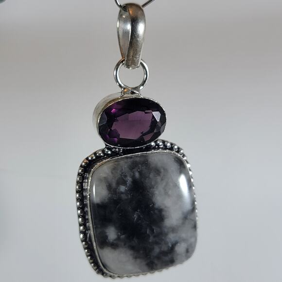 Mystic Merlinite Pendant – Gabbro & Amethyst + 20" Sterling Silver Chain - Picture 1 of 10